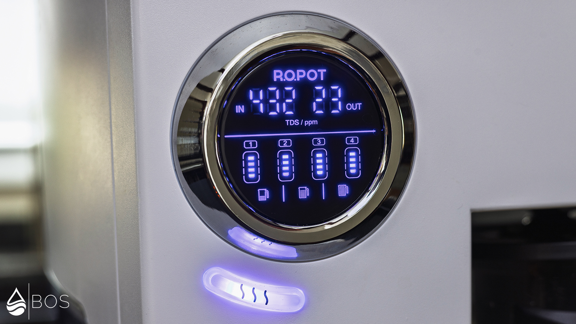 Bluevua RO100ROPOT Display Showing Feed and Filtered Water TDS Readings