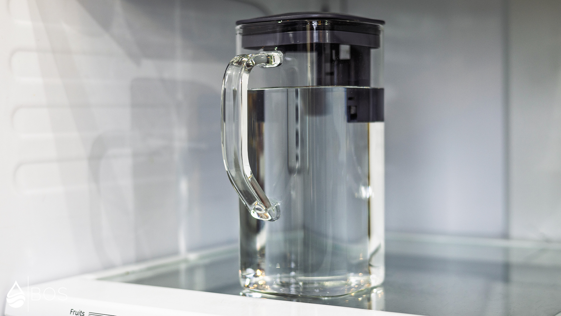 Sans Water Purifier Glass Carafe on Fridge Shelf