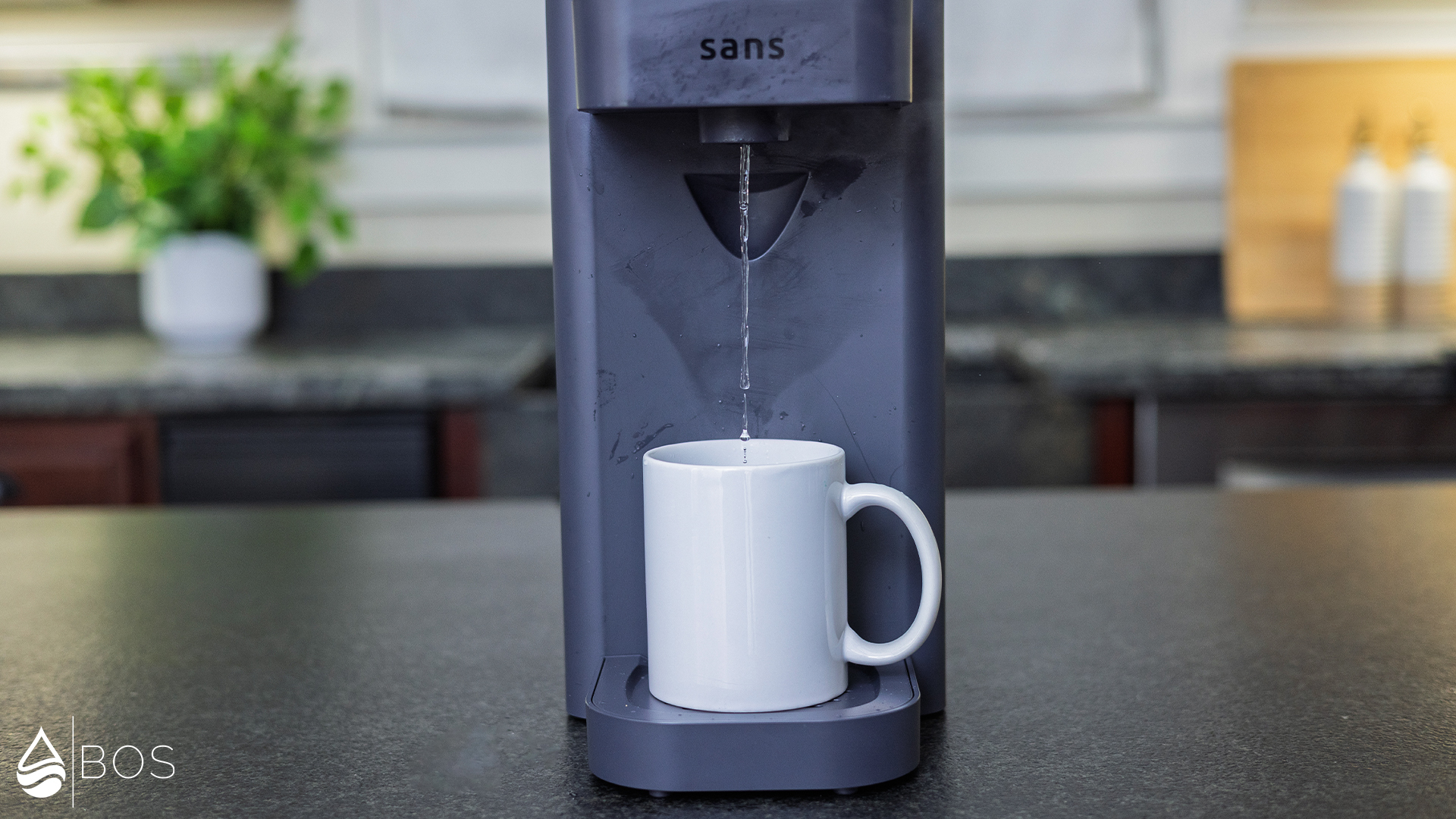 Sans Water Purifier Dispensing Hot Water into Mug