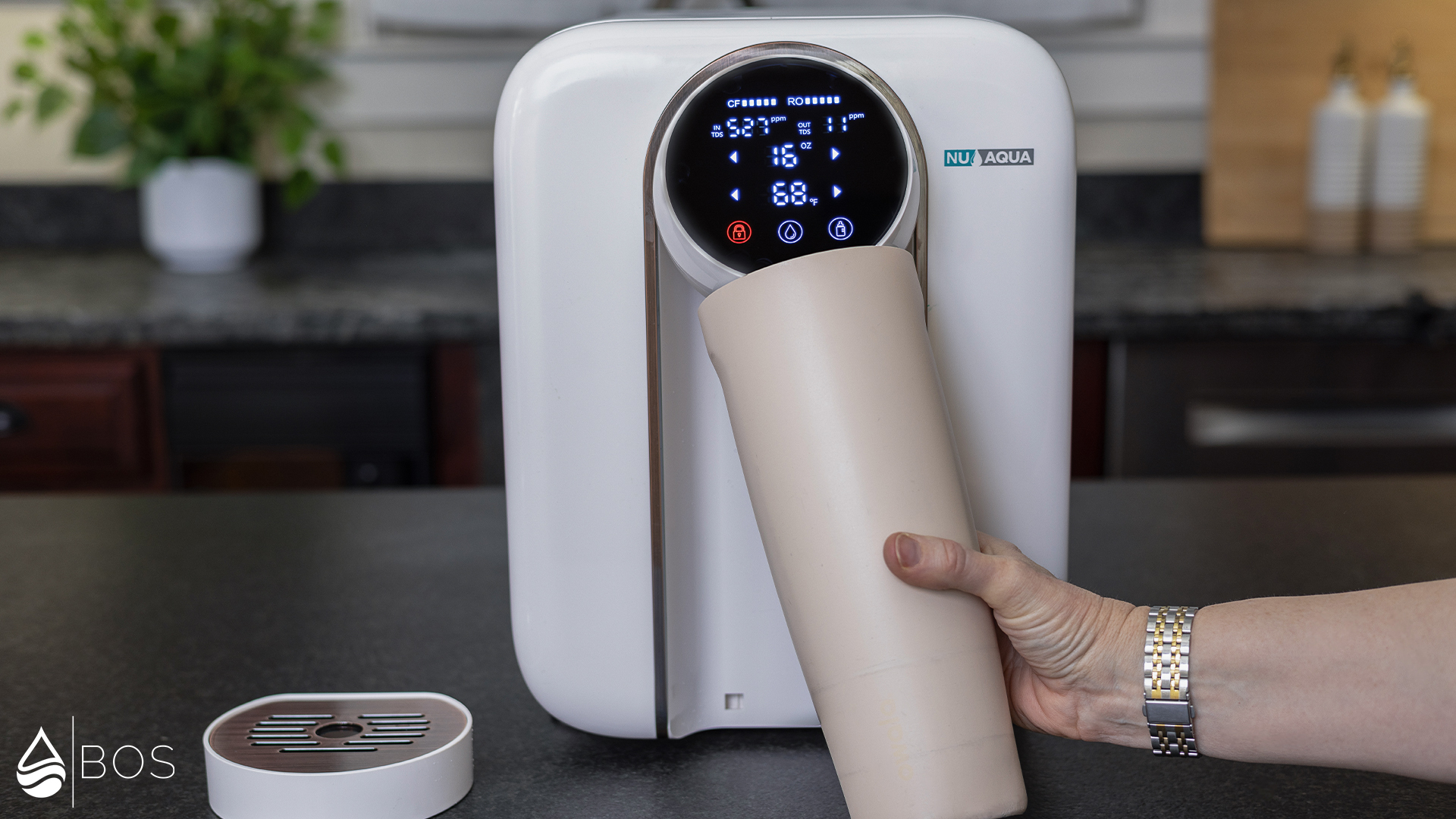 NU Aqua 4-Stage Countertop RO System Dispensing into 40 oz Bottle