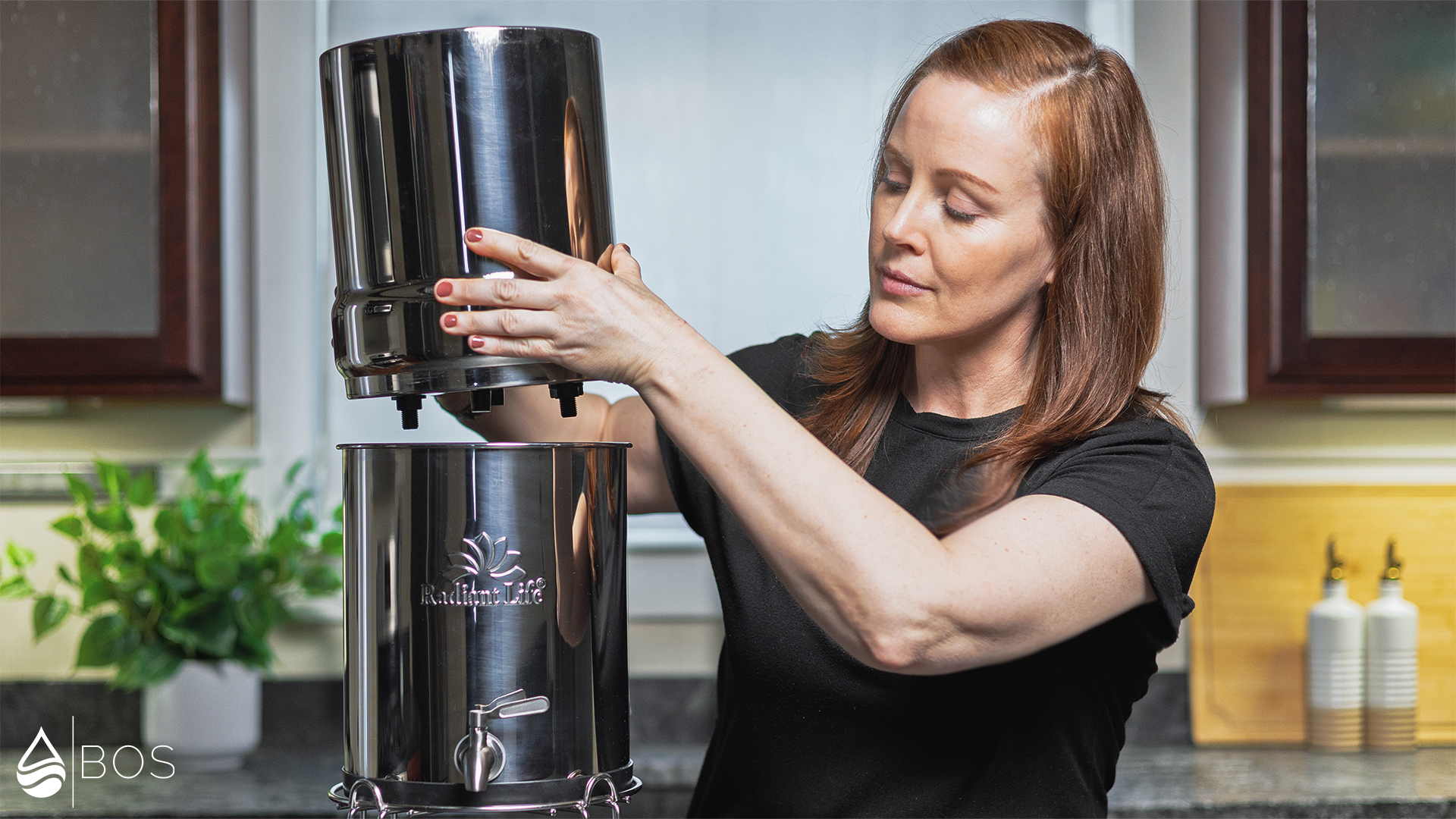 Radiant Life SS Gravity Countertop Filter Placing Upper Tank on Lower Tank